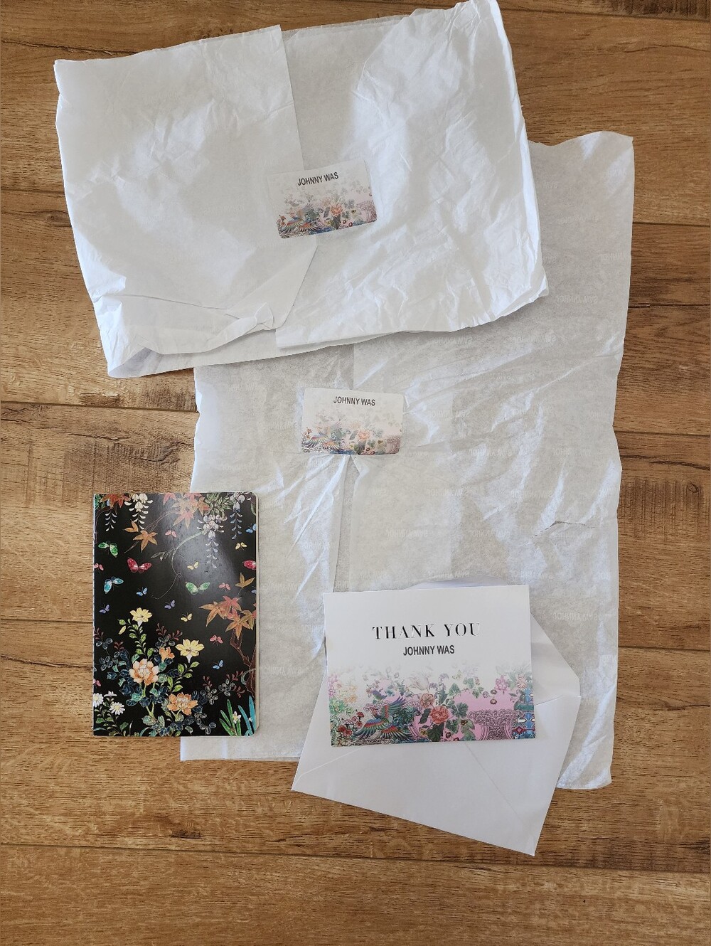 RARE BLANK Johnny Was Floral Thank You Card 4.5x6in + 2 Logo Tissue Paper + Pad